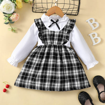 Toddler Color-block Bowknot Decor Ruffled Collar Dress
