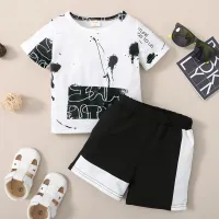 Toddler Boy Casual Cotton Letter Color-block Top & Pants Suit  Black/White