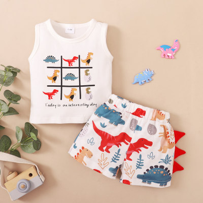 T-shirt e pantaloncini senza maniche con motivo dinosauro in 2 pezzi per neonato