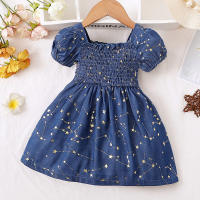 Baby Girl Allover Star Printed Square Neck Short Puff Sleeve Dress  Deep Blue