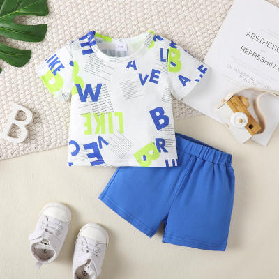 2-piece Baby Boy Allover Letter Printed Short Sleeve T-shirt & Solid Color Shorts
