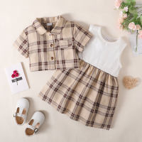 2-piece Toddler Girl Plaid Patchwork Sleeveless Dress & Plaid Shirt Jacket  Khaki