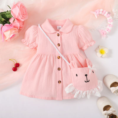 Vestido de manga corta abullonada de color sólido con solapa de algodón puro para niña de 2 piezas y bolso estilo conejito