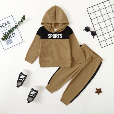 2-piece Toddler Boy Waffle Color-block Patchwork Letter Pattern Hoodie & Matching Pants