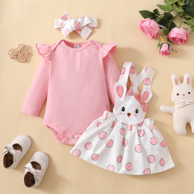 Baby Solid Color Top & Rabbit Pattern Overalls & Bowknot Decor Headband