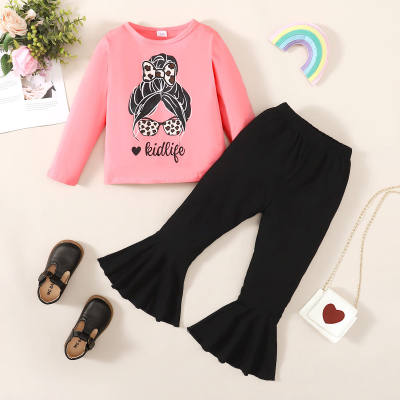 2-piece Toddler Girl Letter and Cartoon Figure Printed Long Sleeve T-shirt & Solid Color Flare Pants