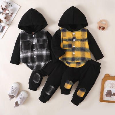 Brother and Sister Plaid Patchwork Pocket Front Hooded Botton-up Shirt & Matching Pants