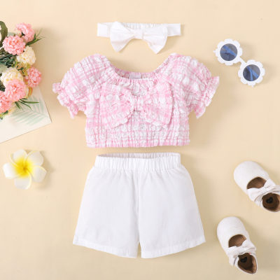 Baby Girl Bow-knot Decor Plaid Puff-sleeves T-Shirts & Shorts & Headband