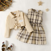 2-piece Toddler Girl Solid Color Bowknot Decor Shirt & Plaid Sleeveless Unbrella Skirt  Khaki