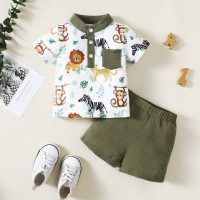 Baby Boy 2 Pieces Animal Pattern Pocket Decor Stand Collar T-shirt & Shorts  White