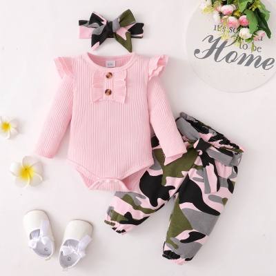 Solid color long-sleeved top + camouflage trousers three-piece set