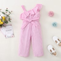 Toddler Girl Bowknot Decor Striped One-shoulder Overalls  Pink