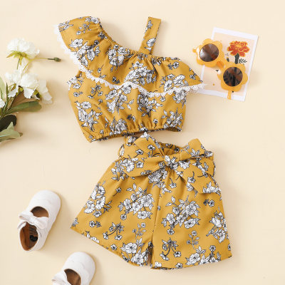 Baby Girl Floral Print One-shoudler Top And Shorts