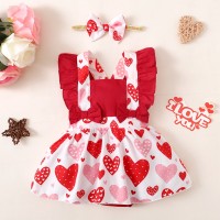 2-piece Baby Girl Heart Printed Patchwork Square Neck Sleeveless Skirted Romper & Headwrap  Red