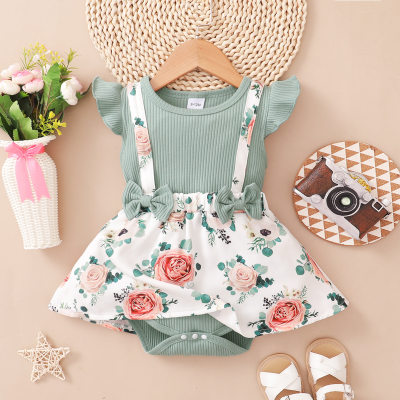 Baby Girl  Sweet Color-block Floral Bowknot Bodysuit