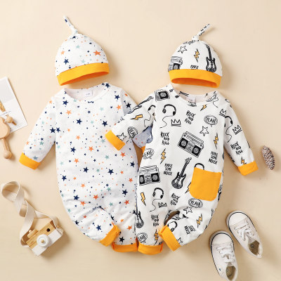 Macacão e chapéu para bebês com estampa de pentagrama casual de manga comprida