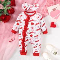 Baby Girl 2 Pieces Valentine's Day Heart-shaped pattern Long-sleeved long-leg Jumpsuit & Headband  Red