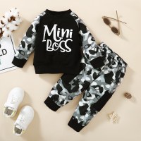 2-piece Toddler Boy Letter Printed Camouflage Patchwork Long Raglan Sleeve Top & Camouflage Pencil Pants  Black