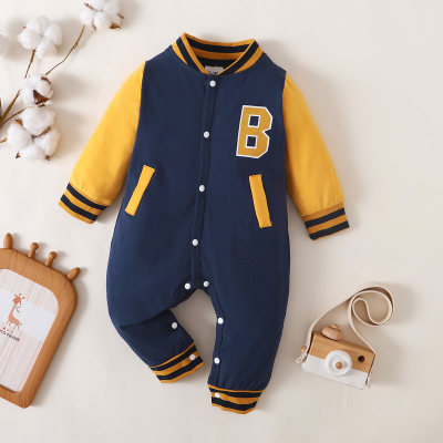 Baby Boy Color-block Letter Pattern Baseball Collar Button-up Long-sleeved Long-leg Romper