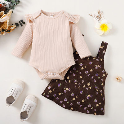 Baby Solid Color Romper & Floral Overalls Dress