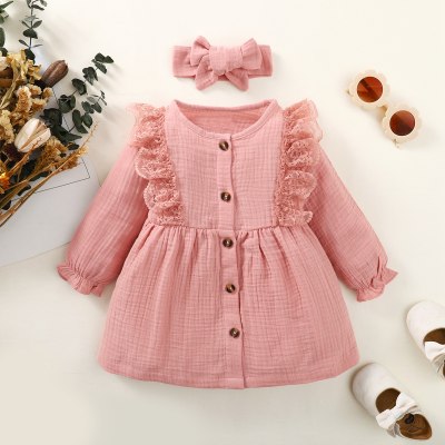 2-piece Baby Girl 100% Cotton Solid Color Lace Ruffled Button Front A-line Dress & Bowknot Hedwrap
