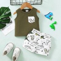 Top senza maniche con stampa dinosauro + pantaloncini  Army Green