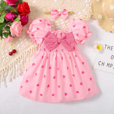 2-piece Toddler Girl Allover Heart Printed Bowknot Decor Square Neck Short Puff Sleeve Dress & Headwrap