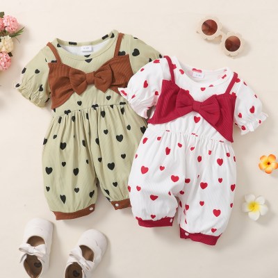 Baby Girl Heart-shaped Print Bowknot  Jumpsuit