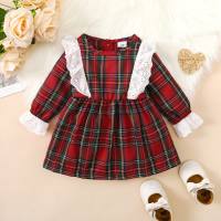 Baby Girl Plaid Lace Decor Long Sleeve Dress  Red