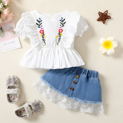 Baby Girl Short-sleeve Embroidered  Top  And Patchwork Lace Skirt