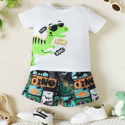 T-shirt e pantaloncini con stampa dinosauro da 2 pezzi per neonato
