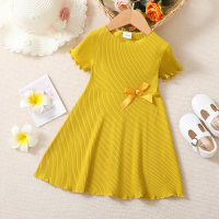 Toddler Girl Cute Bow Knot Decor Solid Color Dress  Yellow