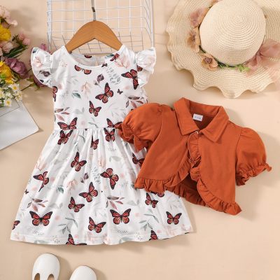 Short-sleeved top + sleeveless butterfly print dress