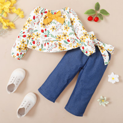 Toddler Girl Eleguard Floral Bow Knot Decor Off The Shoulder & Round Collar Two Wear Suit