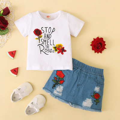 Baby Girl Short-sleeve Floral Top And Embroidered Denim Skirt