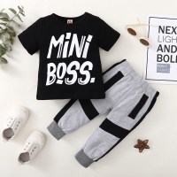 Toddler Boy Letter Pattern T-shirt & Color-block Pants  Black