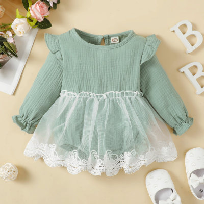 Baby Sweet Solid Color Lace Mesh Long Sleeve Triangle Romper