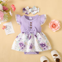 Baby Girl Floral Color-block Ruffle-sleeve Bodysuit with Hairband  Purple