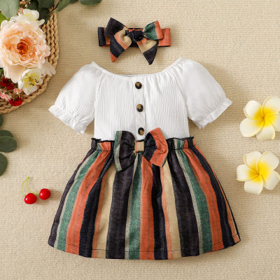 Baby Girl Color-block Bowknot Dress with Headband