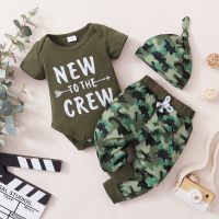 Letter short-sleeved top + camouflage trousers + hat  Army Green