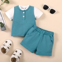 Solid color patchwork short-sleeved top + shorts  Blue