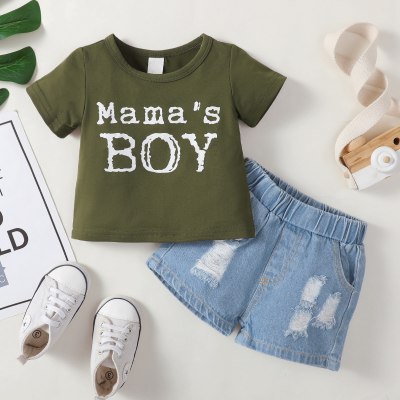 Baby Letter Printed Solid Color T-shirt & Cowboy Shorts