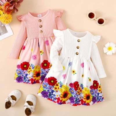 Baby Girl Floral Pattern Ruffle-sleeve Dress