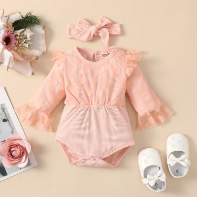 2-piece Baby Girl Solid Color Lace Spliced Long Fly Sleeve Romper & Bowknot Decor Headwrap