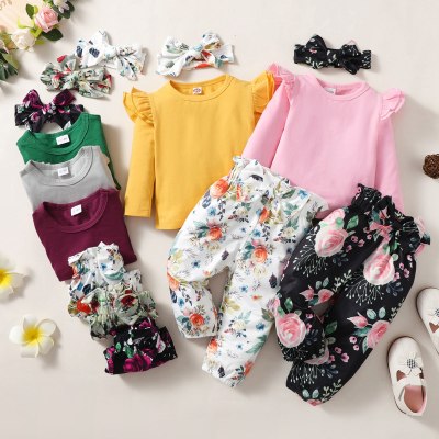 Haut de couleur unie pour toute-petite fille et pantalons et bandeau à imprimé floral