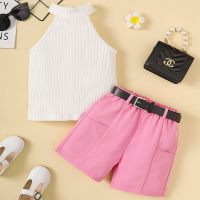 Sleeveless solid color top + shorts + belt  Pink