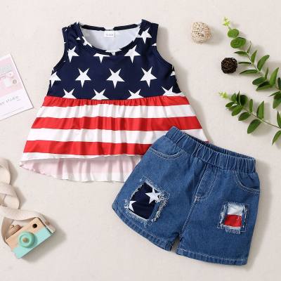 Sleeveless Independence Day Printed Top + Ripped Denim Shorts