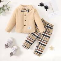 Baby Boy Casual Solid Color Pocket Decor Shirt & Plaid Pants & Bow-knot  Apricot