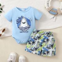 2-piece Baby Boy Letter and Shark Printed Short Sleeve Romper & Allover Coconut Tree Printed Shorts  Light Blue