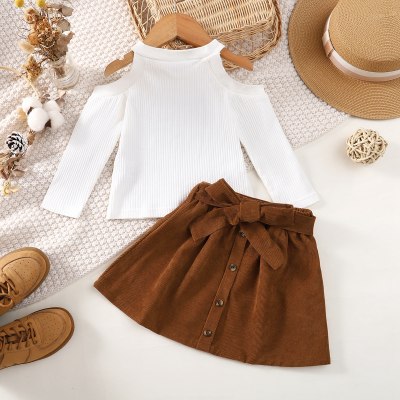 Baby Solid Color Dropped Shoulder Sleeves T-shirt & Bowknot Decor Skirt